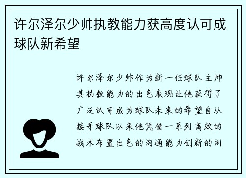 许尔泽尔少帅执教能力获高度认可成球队新希望